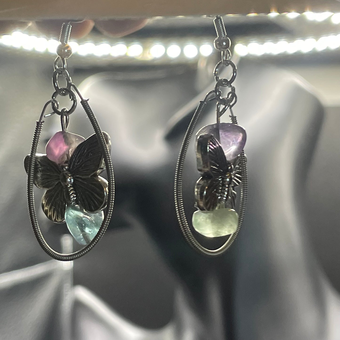 Butterfly Guitar String Earrings with Flourite Crystal Accents