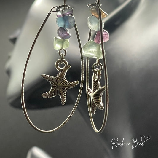 Starfish Guitar String Earrings with Fluorite Crystal Accents