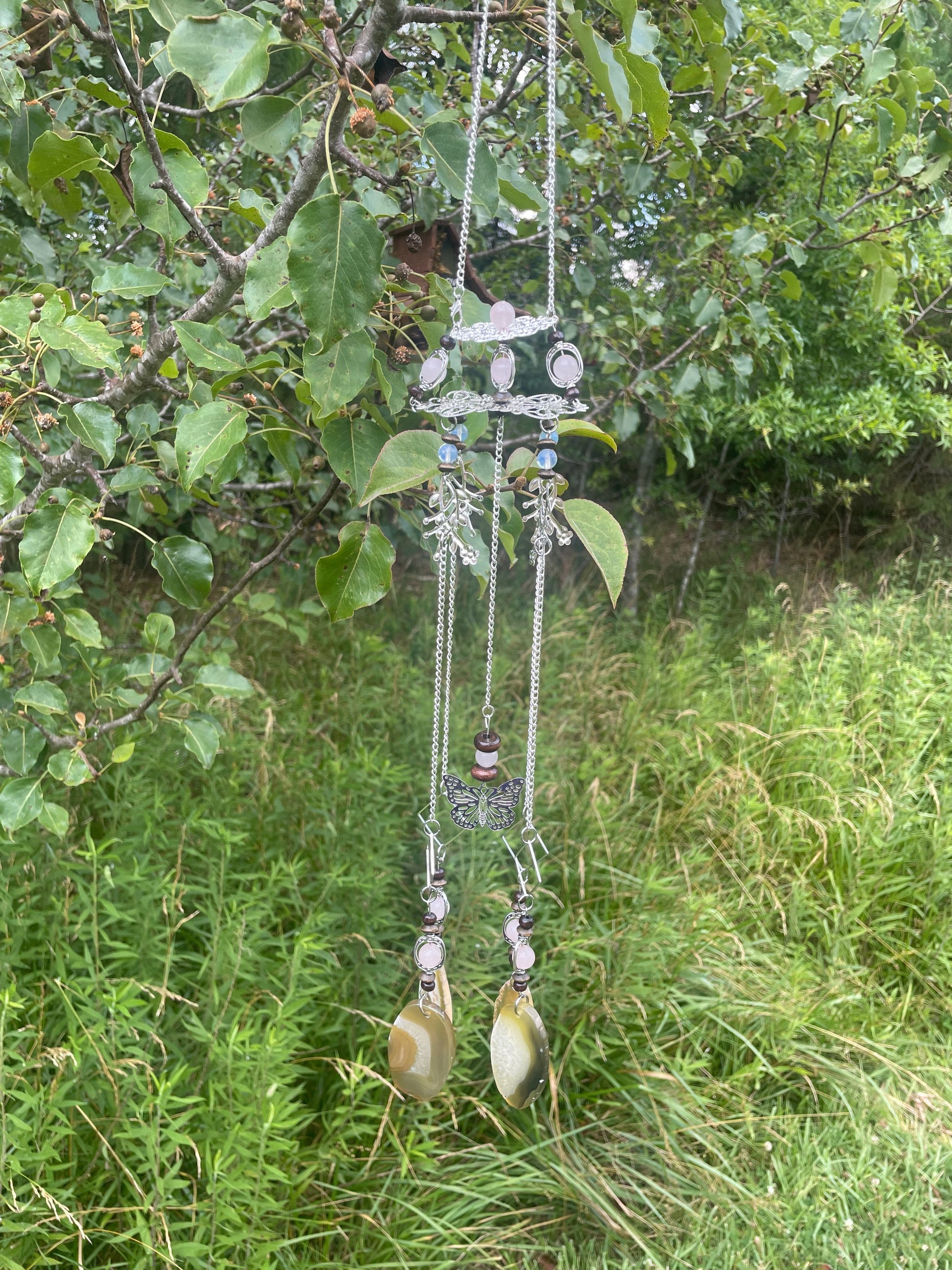 H. “Floral Bliss” Rose Quartz and Agate Slice Wind Chime Sun Catcher