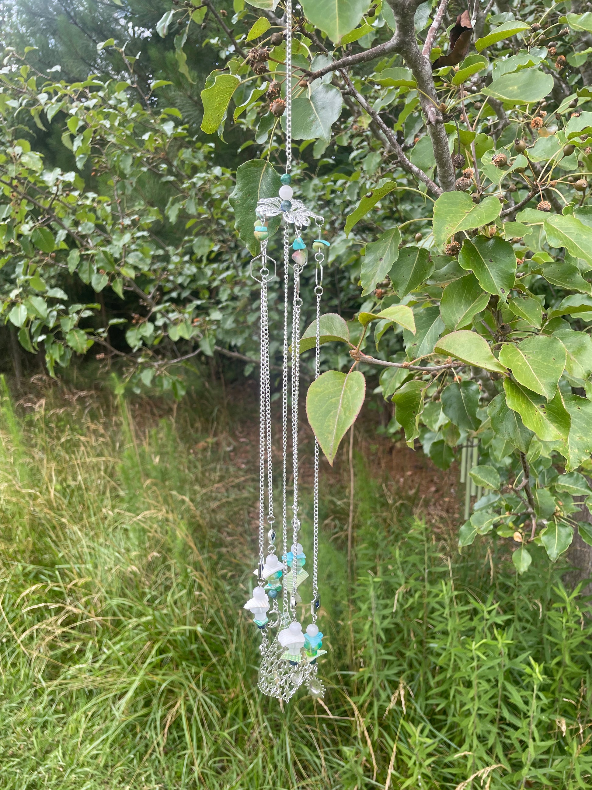 F. Enchanted Forest Serenade Green Jasper, Turquoise, Milky Quartz with Mushrooms and Seashells Wind Chime Sun Catcher
