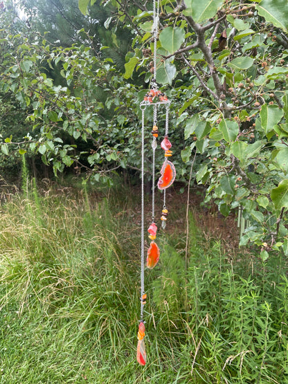 E. Sunny Citrus Harmony Orange Shell and Agate Slice Wind Chime Sun Catcher