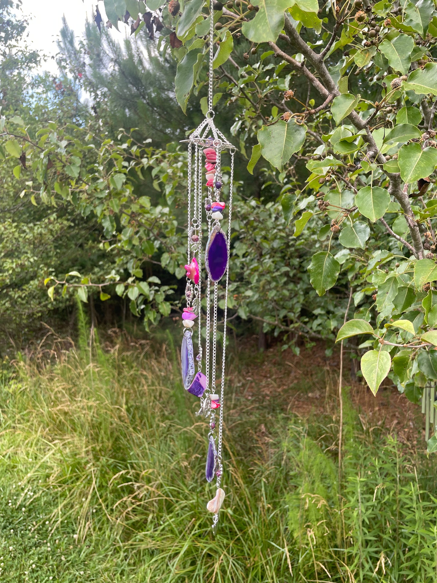 A. “Enchanted Violet Radiance” - Purple Agate Slice with Pink Shell Accent Sun Catcher